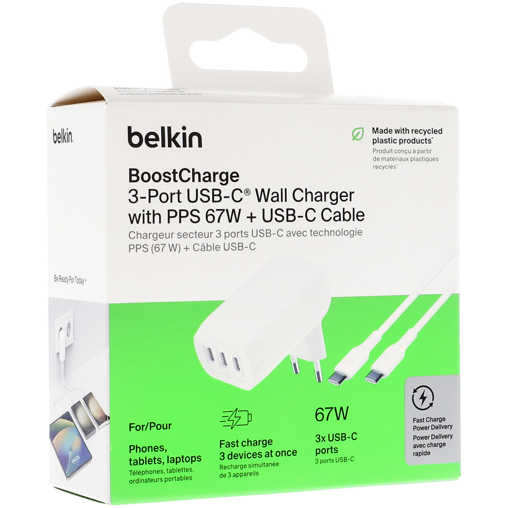 Ładowarka sieciowa Belkin Boost Charge 3-Port USB-C Wall Charger with PPS 67W + kabel USB-C/USB-C 2m, biała
