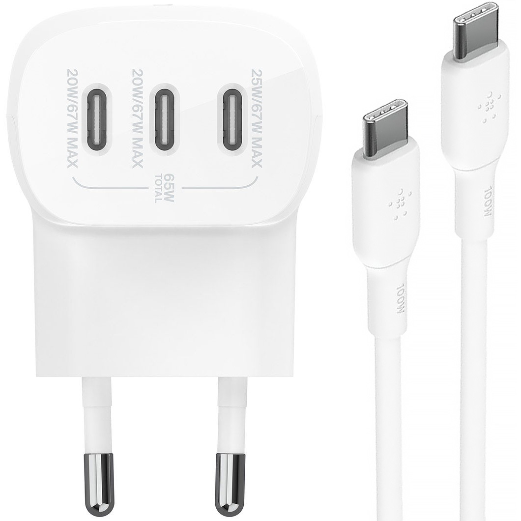 Ładowarka sieciowa Belkin Boost Charge 3-Port USB-C Wall Charger with PPS 67W + kabel USB-C/USB-C 2m, biała