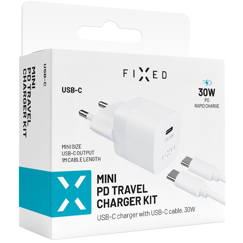 Ładowarka sieciowa Fixed Mini PD Travel Charger USB-C + kabel USB-C, 30 W, biała
