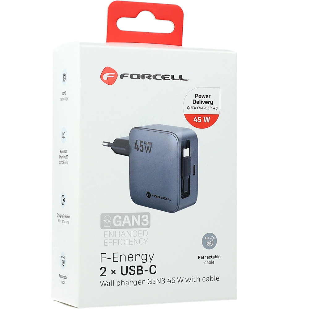 Ładowarka sieciowa Forcell F-Energy GaN 45W, 1x USB-C, PD, QC 4.0 + zwijany kabel USB-C, grafitowo-czarna