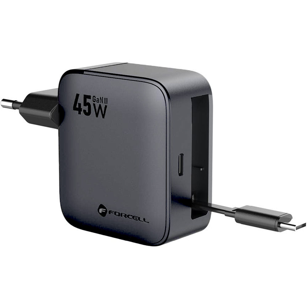 Ładowarka sieciowa Forcell F-Energy GaN 45W, 1x USB-C, PD, QC 4.0 + zwijany kabel USB-C, grafitowo-czarna