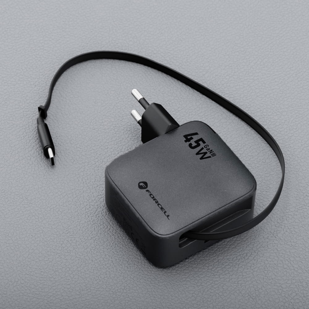 Ładowarka sieciowa Forcell F-Energy GaN 45W, 1x USB-C, PD, QC 4.0 + zwijany kabel USB-C, grafitowo-czarna