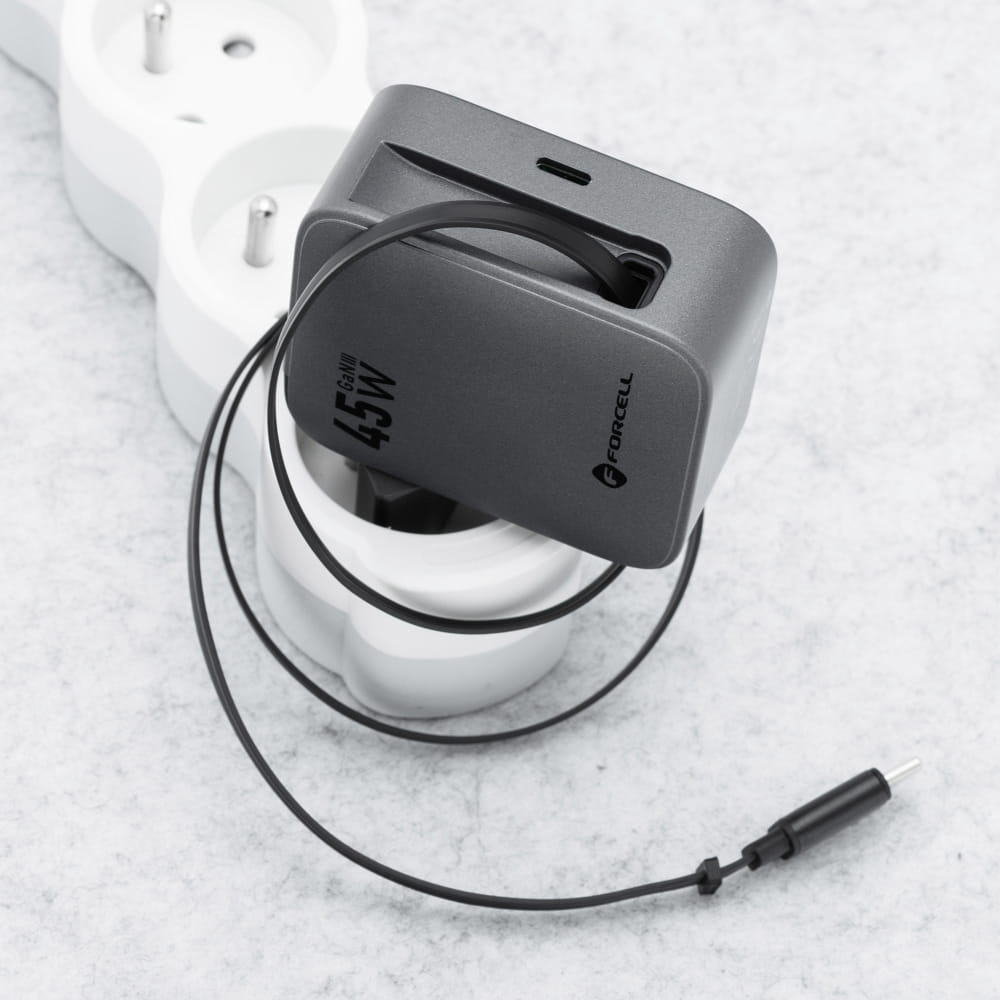 Ładowarka sieciowa Forcell F-Energy GaN 45W, 1x USB-C, PD, QC 4.0 + zwijany kabel USB-C, grafitowo-czarna
