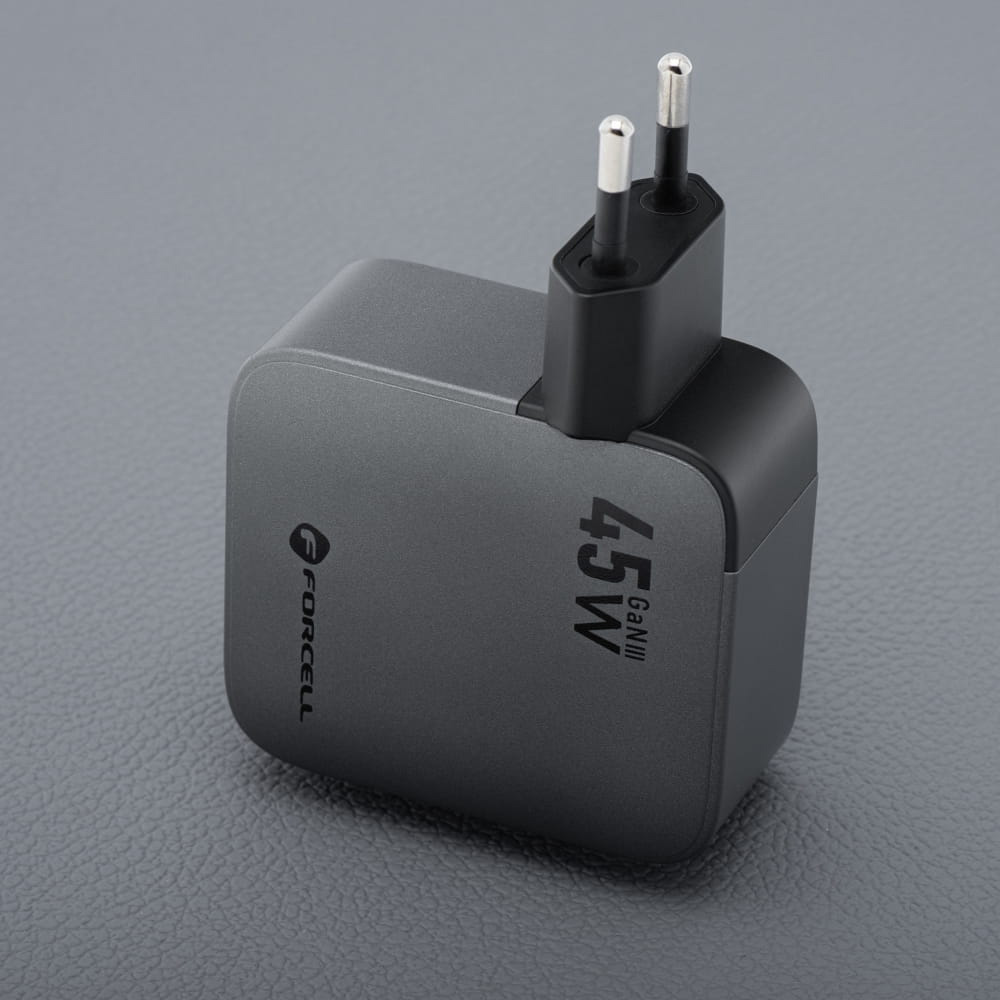 Ładowarka sieciowa Forcell F-Energy GaN 45W, 1x USB-C, PD, QC 4.0 + zwijany kabel USB-C, grafitowo-czarna