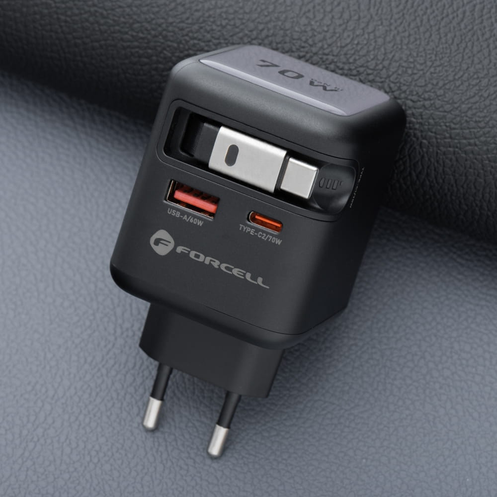 Ładowarka sieciowa Forcell F-Energy GaN3 70W, 1x USB-C, 1x USB-A, PD, QC 4.0 + zwijany kabel USB-C, czarno-szara