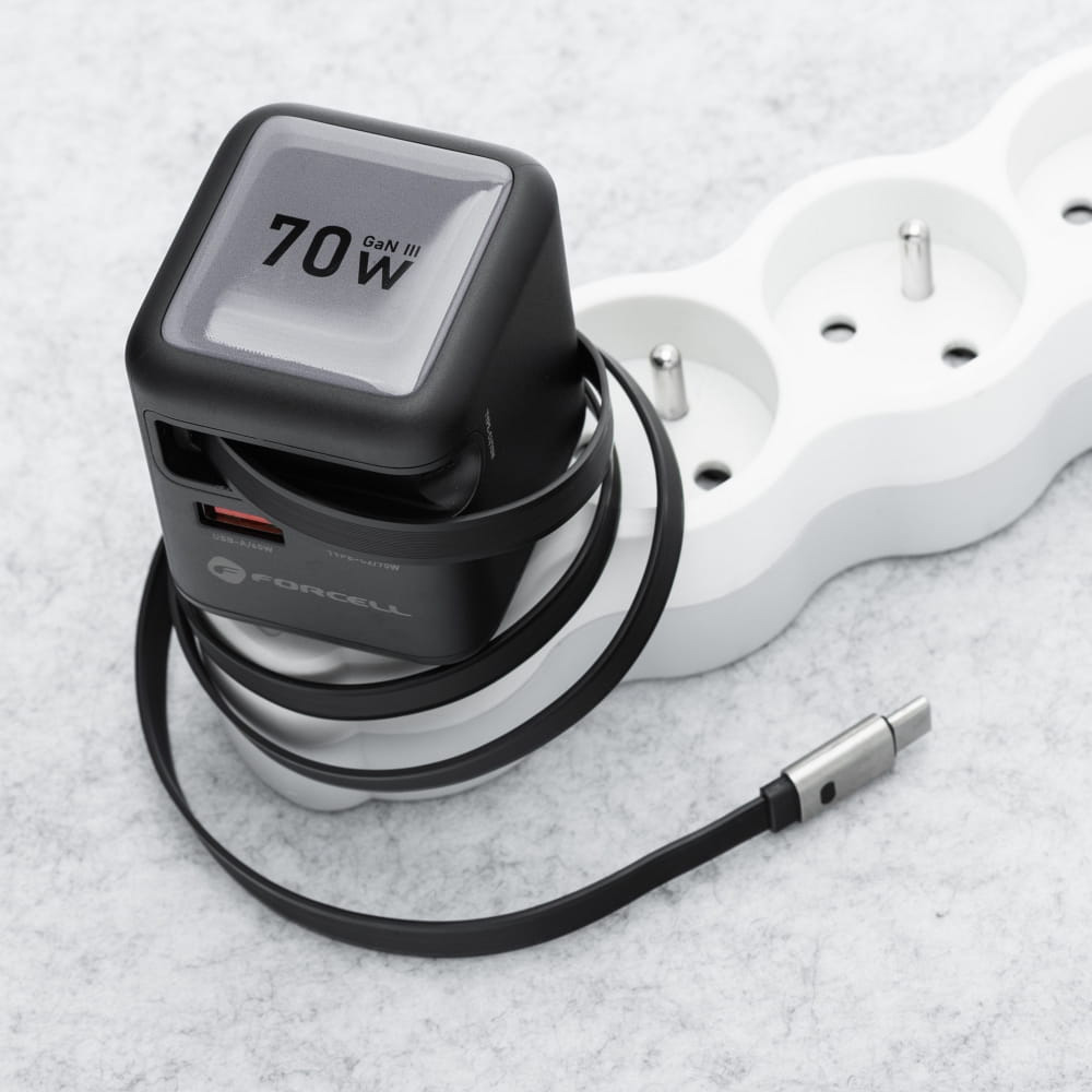 Ładowarka sieciowa Forcell F-Energy GaN3 70W, 1x USB-C, 1x USB-A, PD, QC 4.0 + zwijany kabel USB-C, czarno-szara