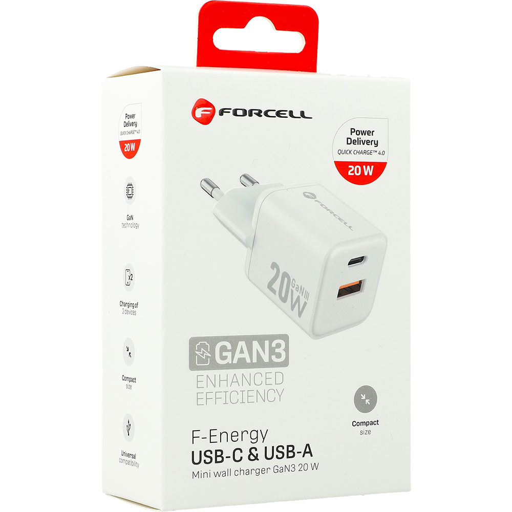 Forcell F-Energy Mini GaN III ładowarka sieciowa, szybkie ładowanie, Power Delivery, Quick Charge 4.0, kompaktowe rozmiary