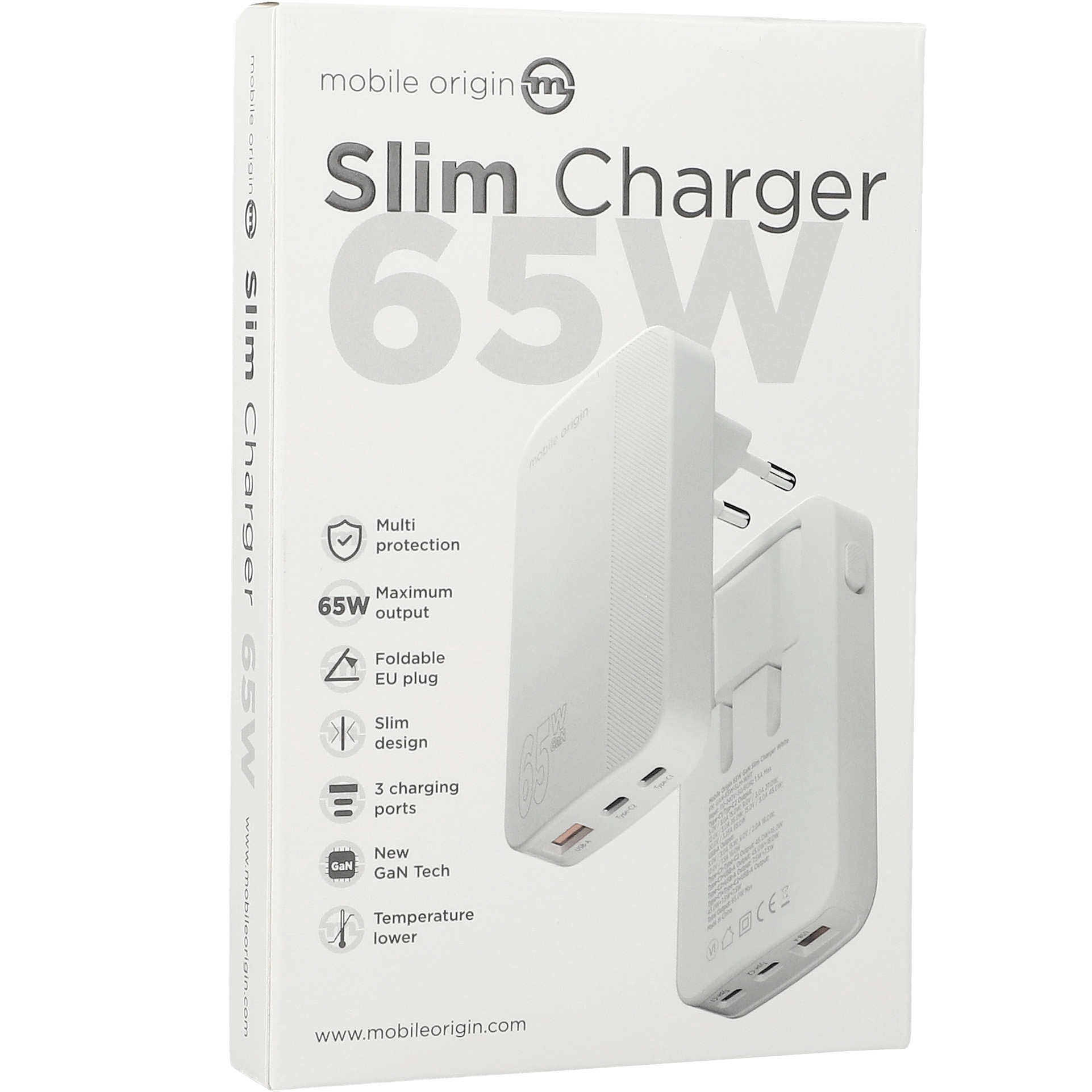 Ładowarka sieciowa GaN Mobile Origin Slim Charger 65W 2x USB-C PD / 1x USB-A QC, biała