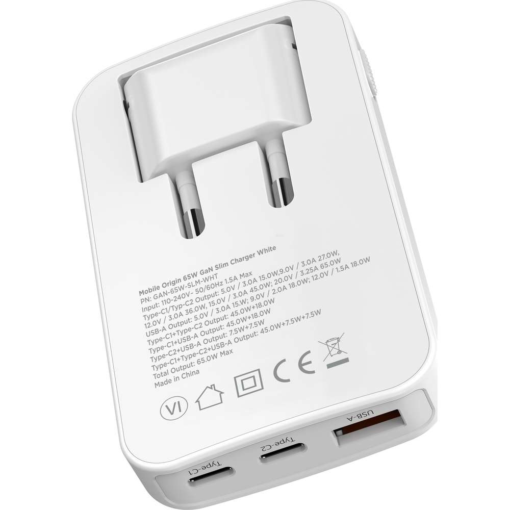 Ładowarka sieciowa GaN Mobile Origin Slim Charger 65W 2x USB-C PD / 1x USB-A QC, biała