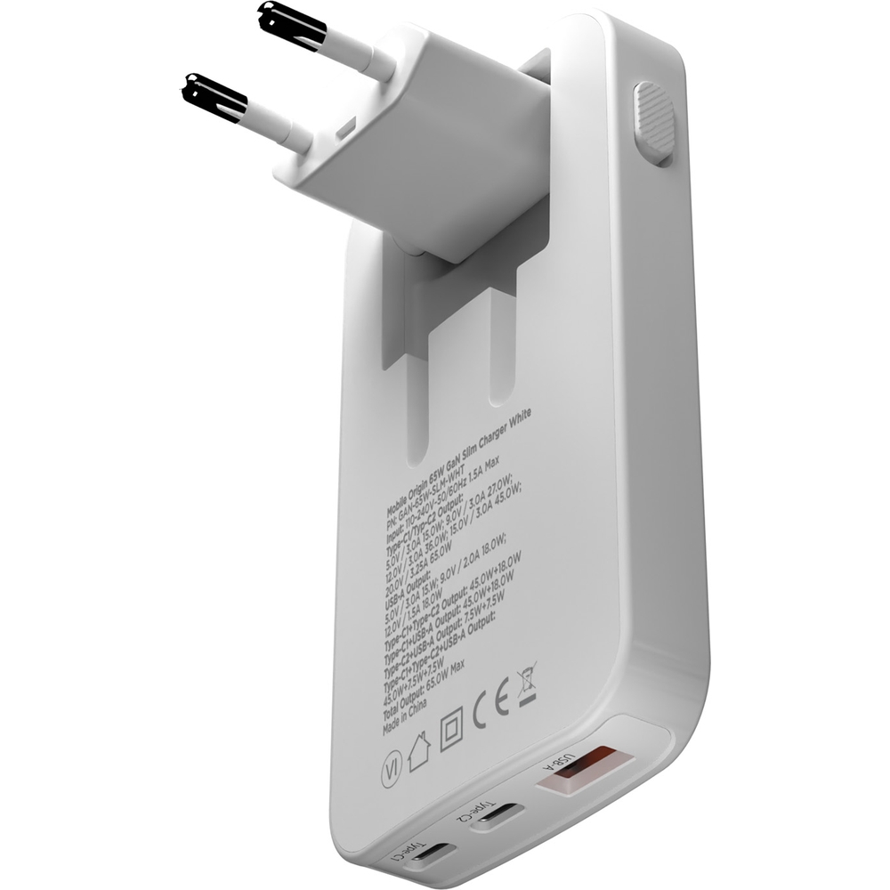 Ładowarka sieciowa GaN Mobile Origin Slim Charger 65W 2x USB-C PD / 1x USB-A QC, biała