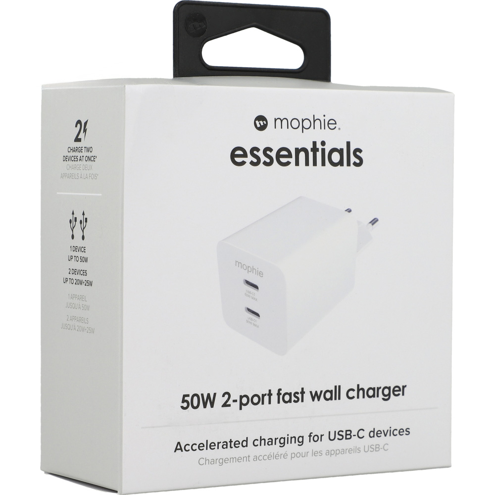 Ładowarka sieciowa Mophie Essentials 50W, 2x USB-C, PD, biała