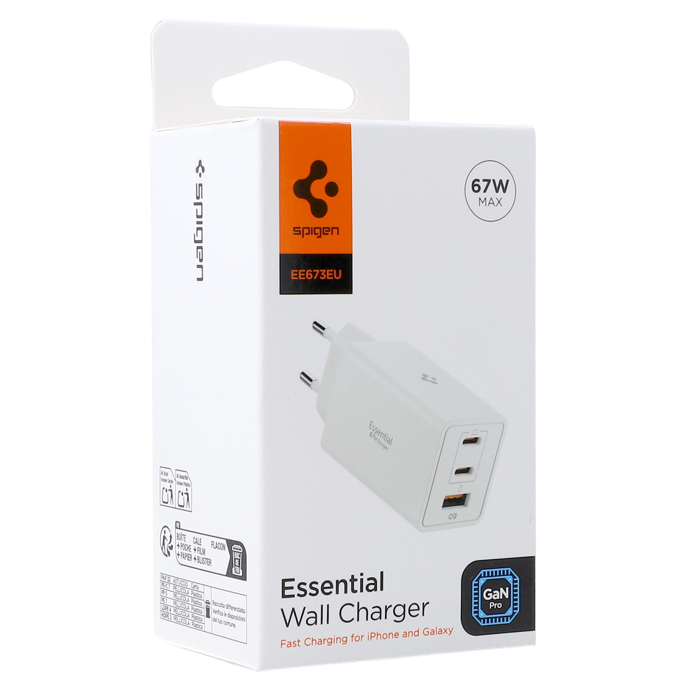 Ładowarka sieciowa Spigen Essential Wall Charger EE673EU GaN 67W z portem USB-A i dwoma portami USB-C, biała