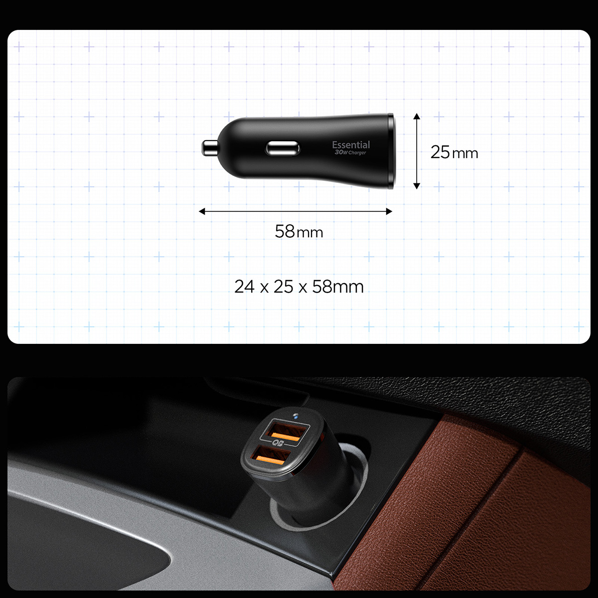 Ładowarka samochodowa Spigen Essential EV302 18W USB-A +12W USB-A, czarna