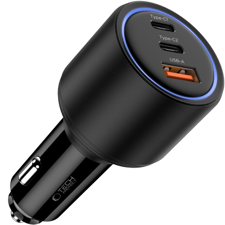 CC04, Tech-Protect, Ładowarka samochodowa z PD, szybkie ładowanie, dwa porty USB-C i jeden USB-A, idealna do podróży