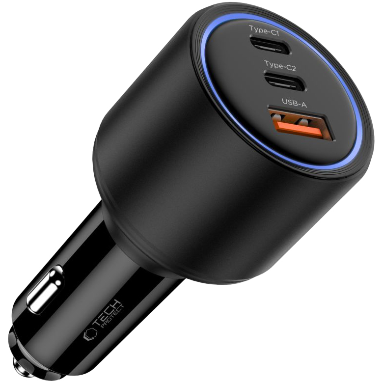 CC04, Tech-Protect, Ładowarka samochodowa z PD, szybkie ładowanie, dwa porty USB-C i jeden USB-A, idealna do podróży