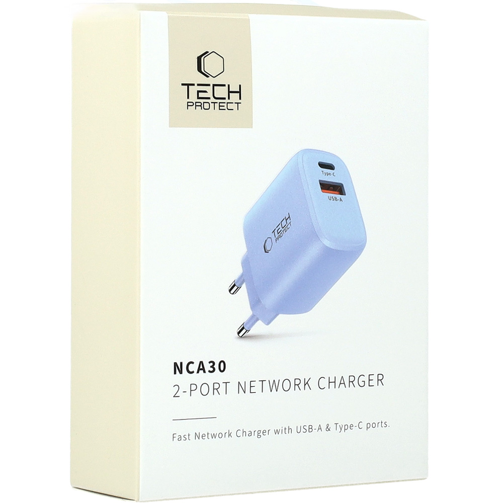 Ładowarka sieciowa Tech-Protect NCA30 2-PORT NETWORK 30W USB-C PD, USB-A QC 3.0, jasnoniebieska