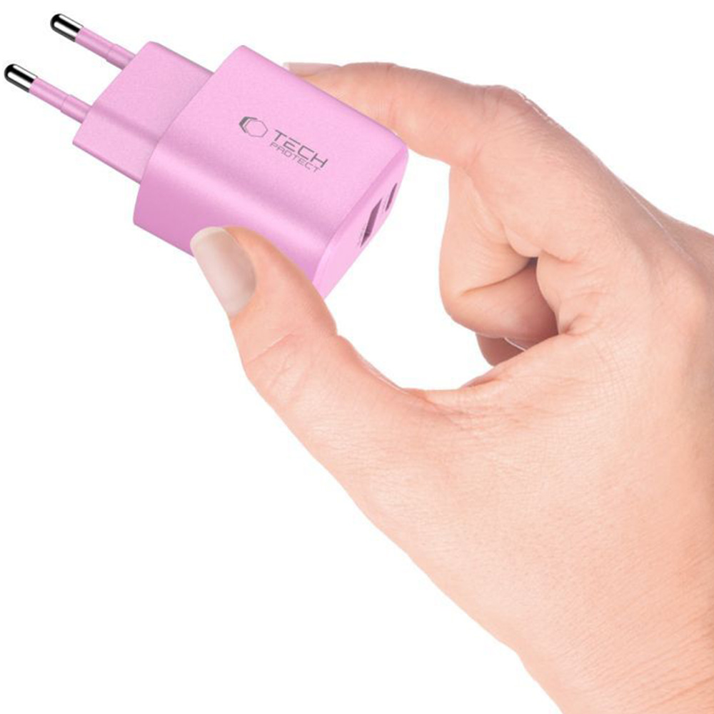 Ładowarka sieciowa Tech-Protect NCA30 2-PORT NETWORK 30W USB-C PD, USB-A QC 3.0, różowa