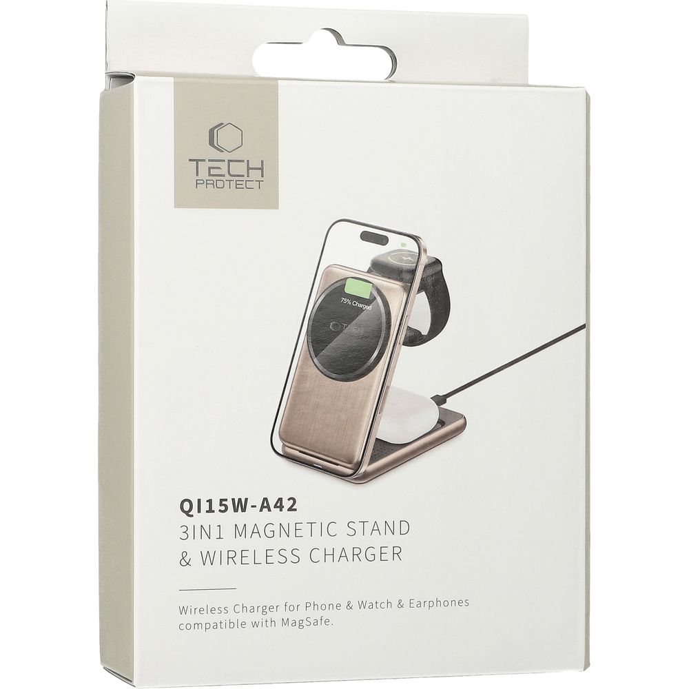Ładowarka indukcyjna 3w1 Tech-Protect Qi15W A42 Magnetic Stand & Wireless Charger, złota.