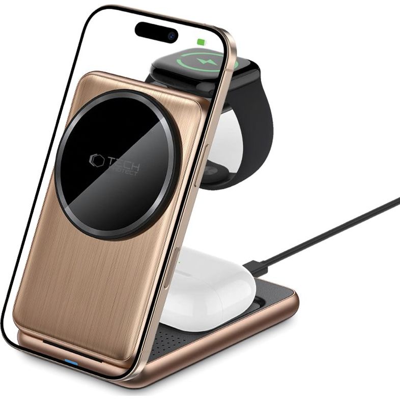 Ładowarka indukcyjna 3w1 Tech-Protect Qi15W A42 Magnetic Stand & Wireless Charger, złota.
