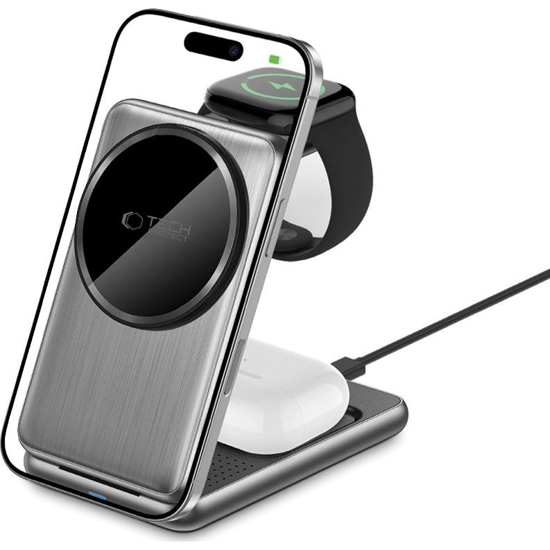 Ładowarka indukcyjna 3w1 Tech-Protect Qi15W A42 Magnetic Stand & Wireless Charger, szara.