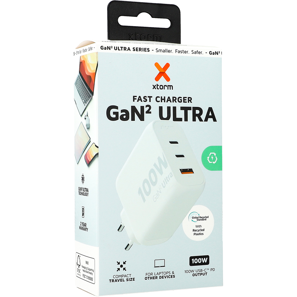 Xtorm Fast Charger GaN2 Ultra - Ładowarka sieciowa 100W. Kompaktowa, wydajna i bezpieczna ładowarka do laptopów i smartfonów. Technologia GaN2 Ultra, szybkie ładowanie i ekologiczne wykonanie.