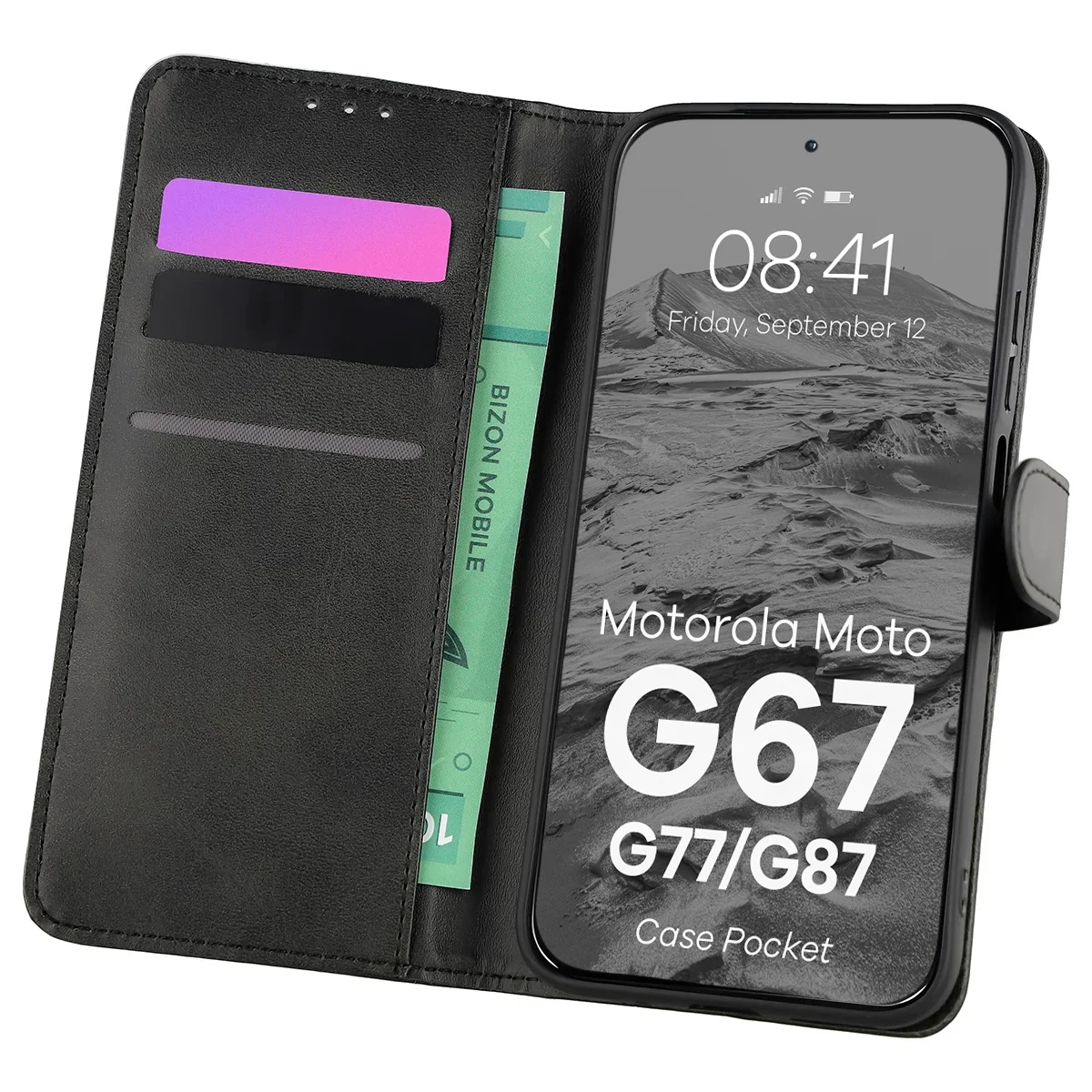 Etui z klapką z miejscem na karty Bizon Case Pocket do Motorola Moto G87 5G / G77 5G / G67 5G