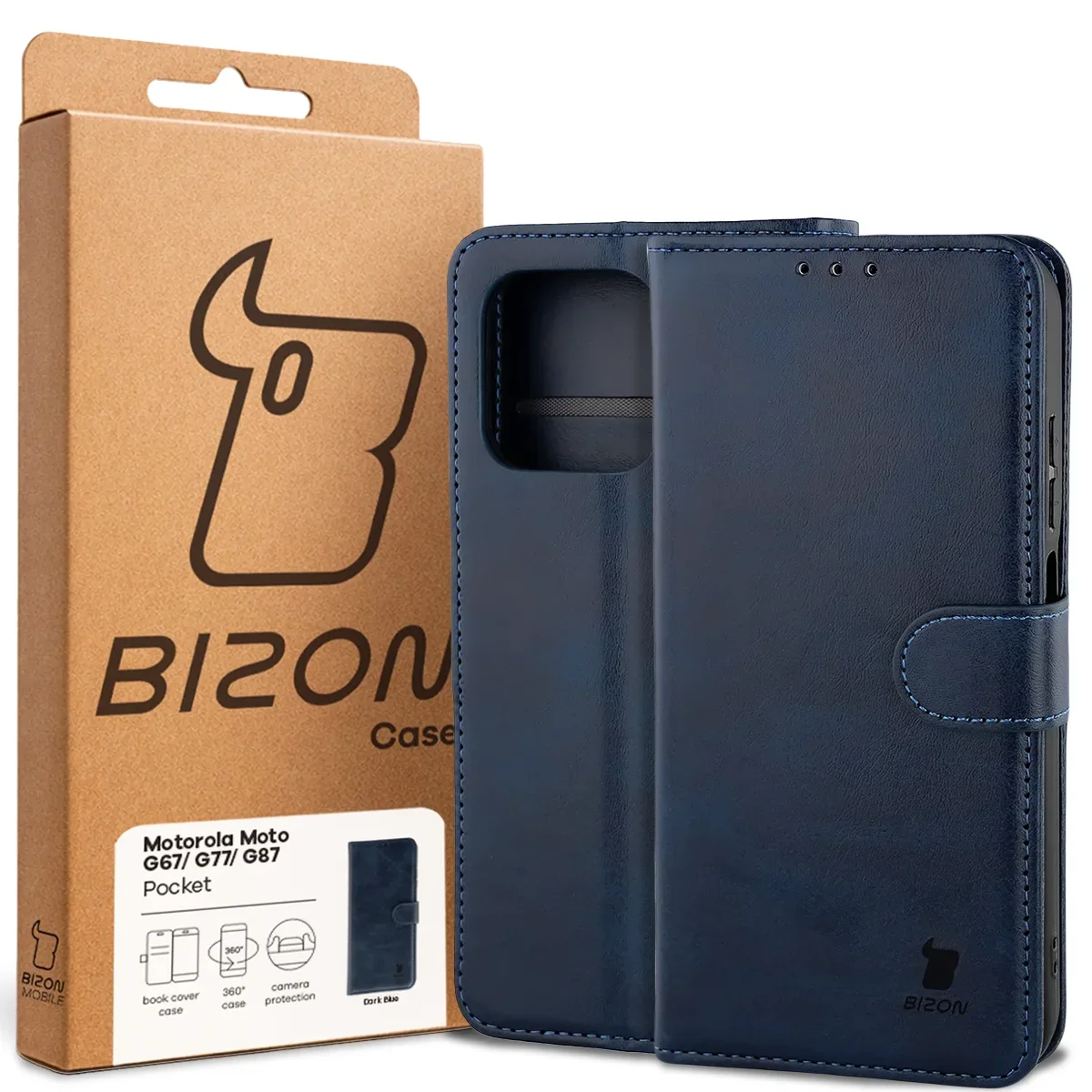 Przód pudełka Bizon Case z dedykowaną etykietą do Motorola Moto G87 5G / G77 5G / G67 5G