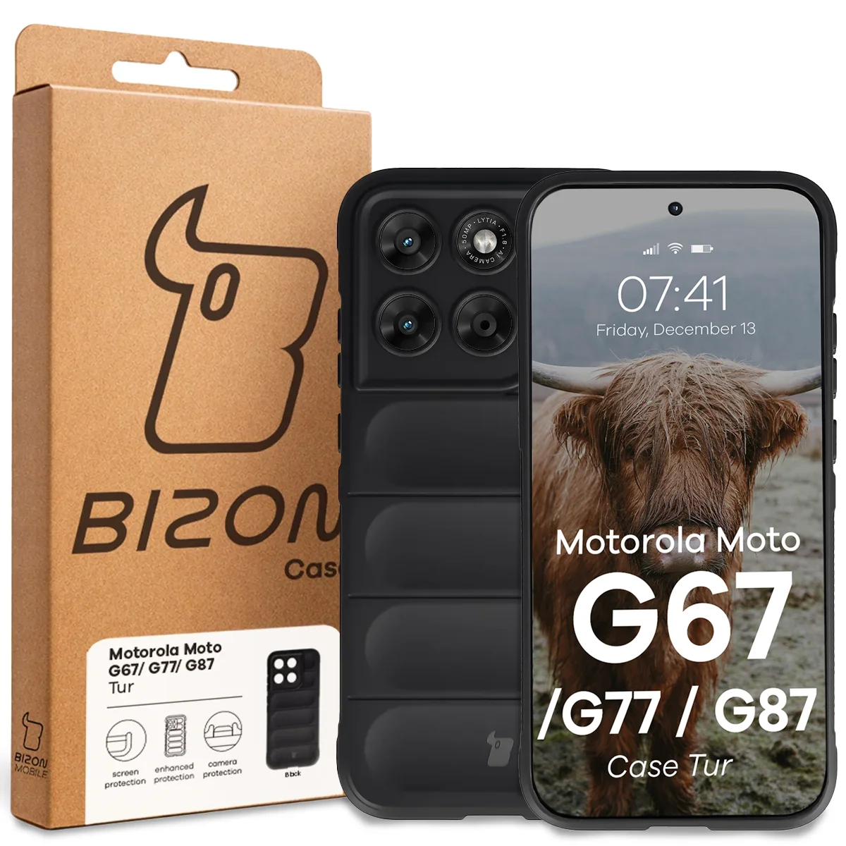 Przód pudełka Bizon Case z dedykowaną etykietą do Motorola Moto G87 5G / G77 5G / G67 5G