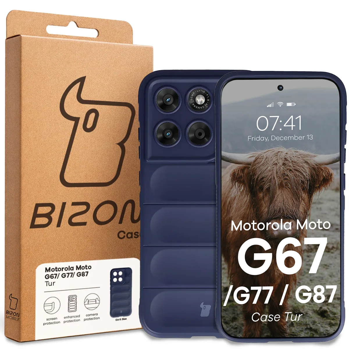 Przód pudełka Bizon Case z dedykowaną etykietą do Motorola Moto G87 5G / G77 5G / G67 5G