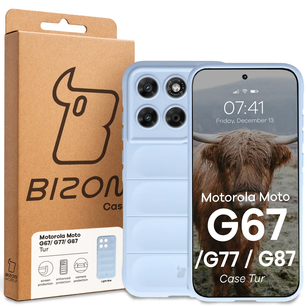 Przód pudełka Bizon Case z dedykowaną etykietą do Motorola Moto G87 5G / G77 5G / G67 5G