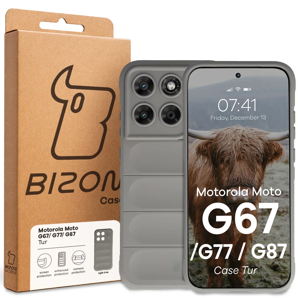 Przód pudełka Bizon Case z dedykowaną etykietą do Motorola Moto G87 5G / G77 5G / G67 5G