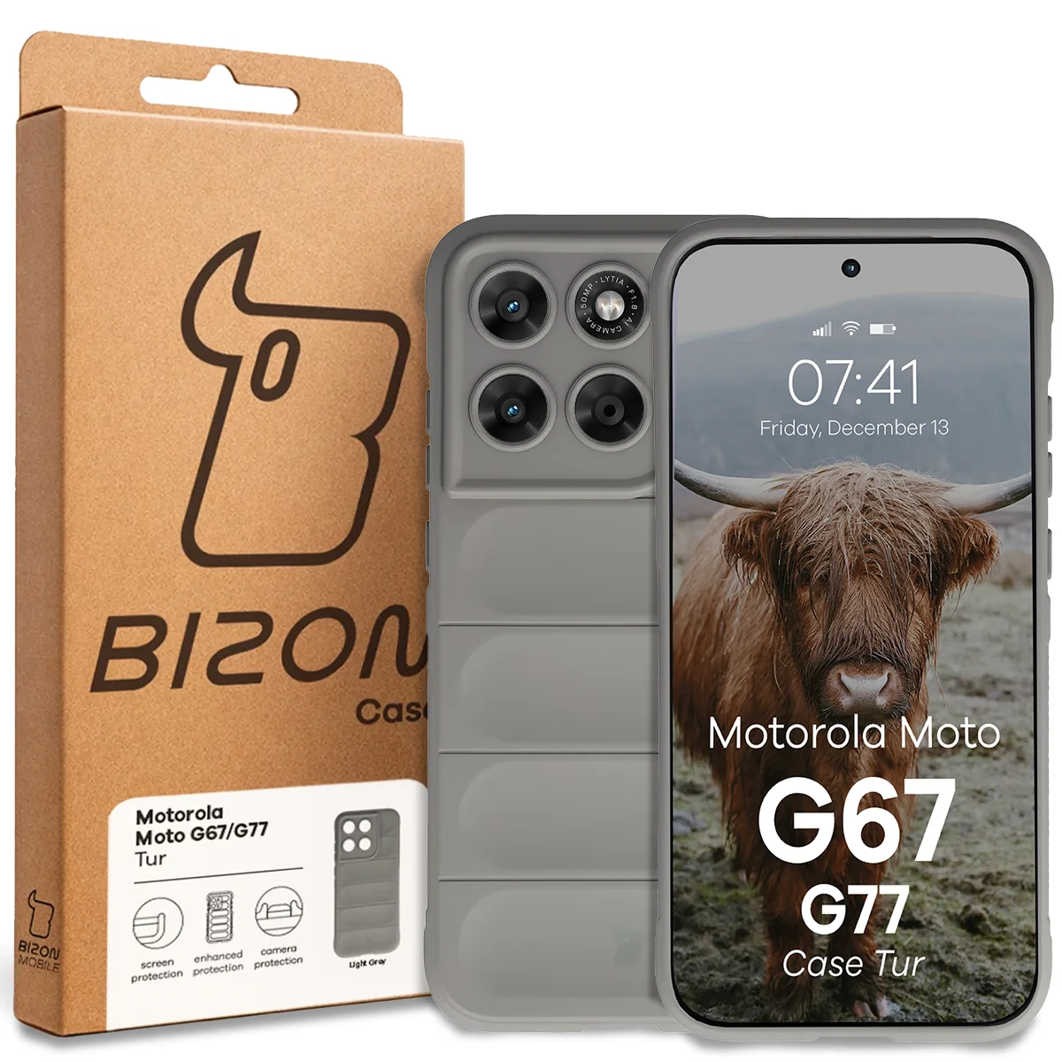 Przód pudełka Bizon Case z dedykowaną etykietą do Motorola Moto G67 5G / G77 5G