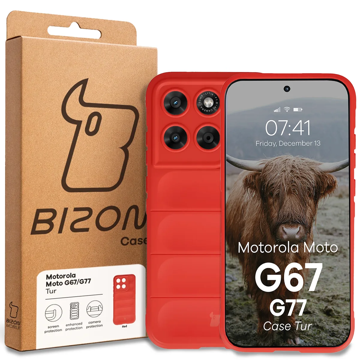 Przód pudełka Bizon Case z dedykowaną etykietą do Motorola Moto G67 5G / G77 5G