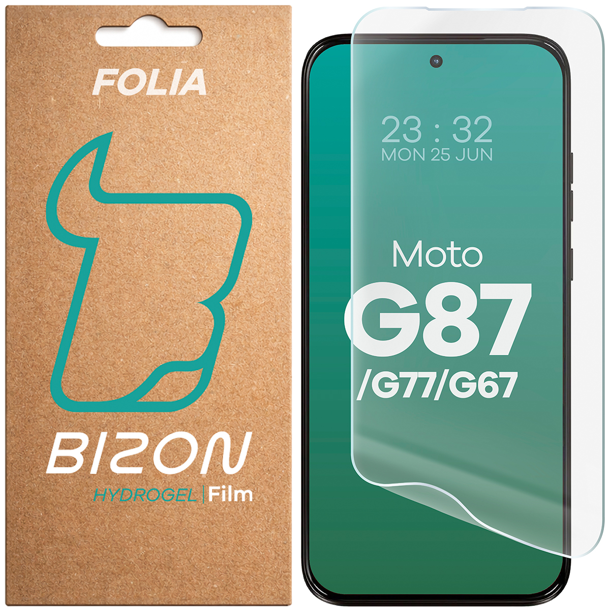 Pudełko i folia hydrożelowa na ekran Bizon Film Hydrogel Front do Motorola Moto G87 5G / G77 5G / G67 5G