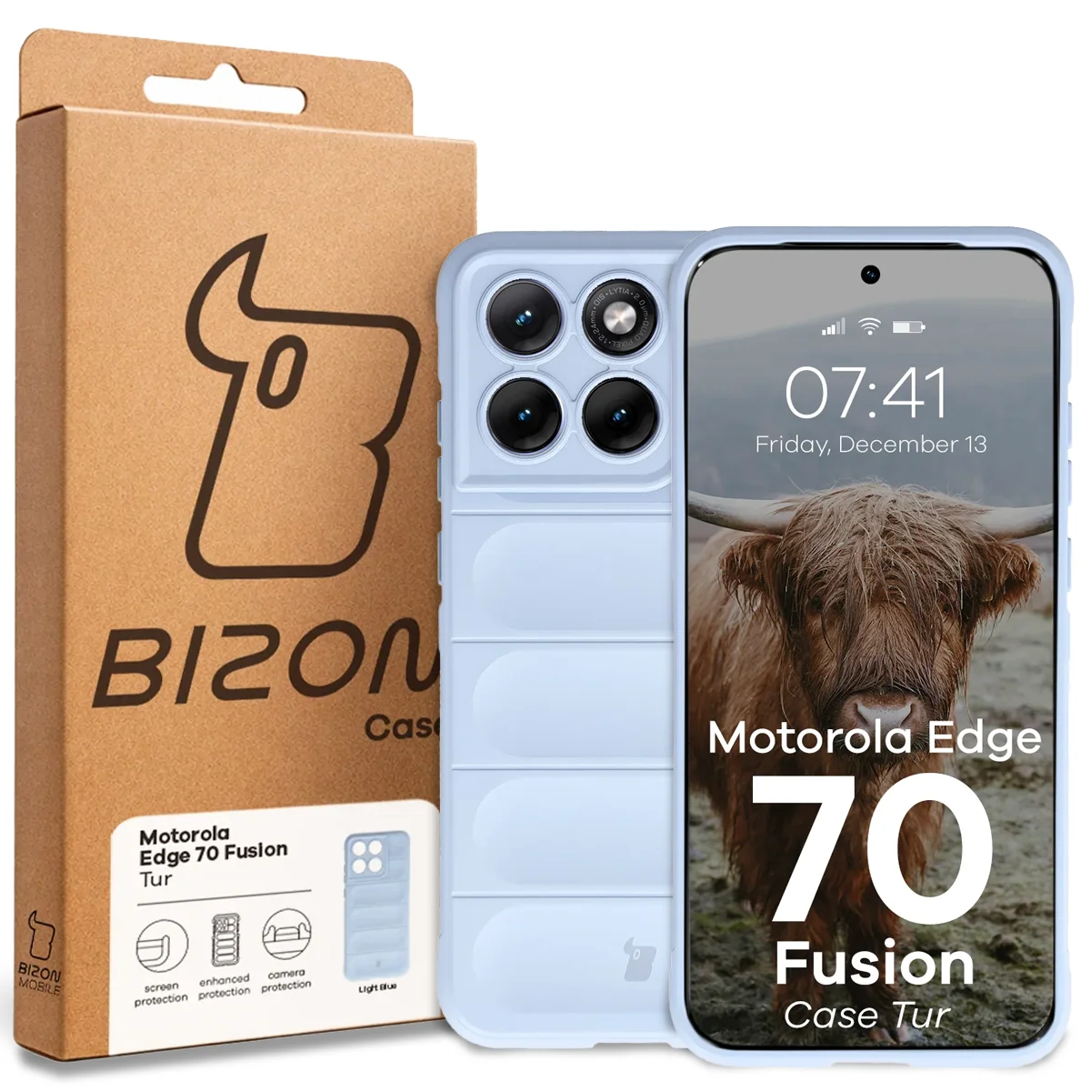 Przód pudełka Bizon Case z dedykowaną etykietą do Motorola Edge 70 Fusion