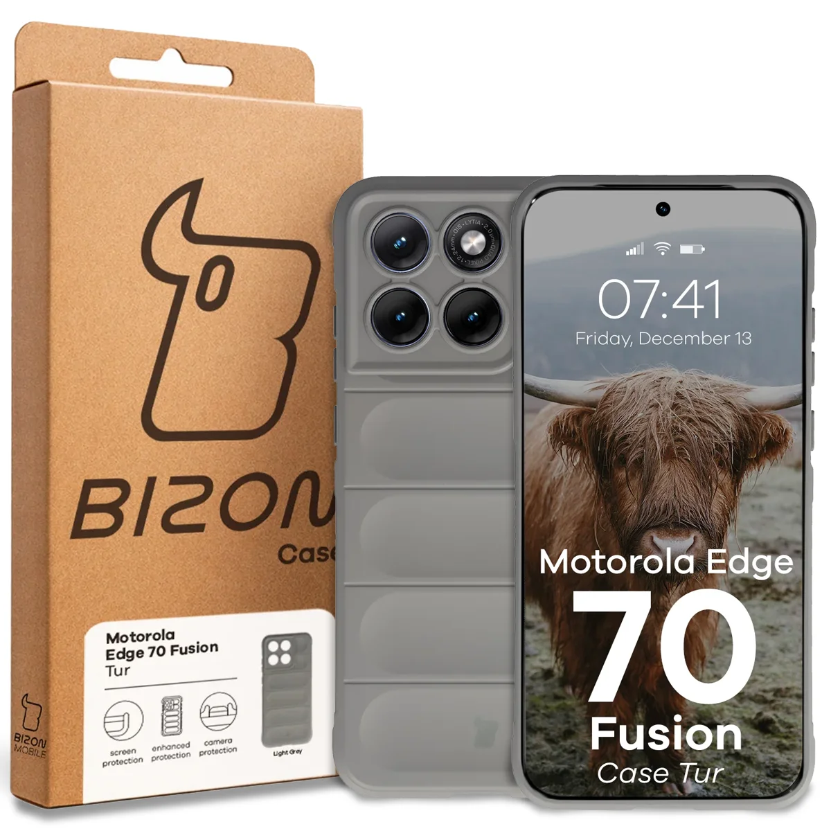 Przód pudełka Bizon Case z dedykowaną etykietą do Motorola Edge 70 Fusion