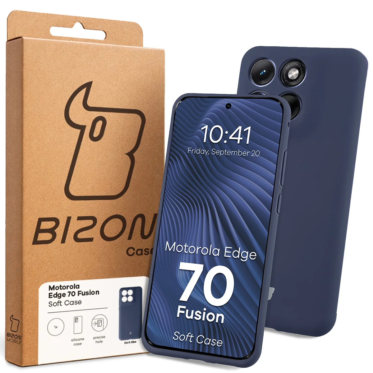 Przód pudełka Bizon Case z dedykowaną etykietą do Motorola Edge 70 Fusion