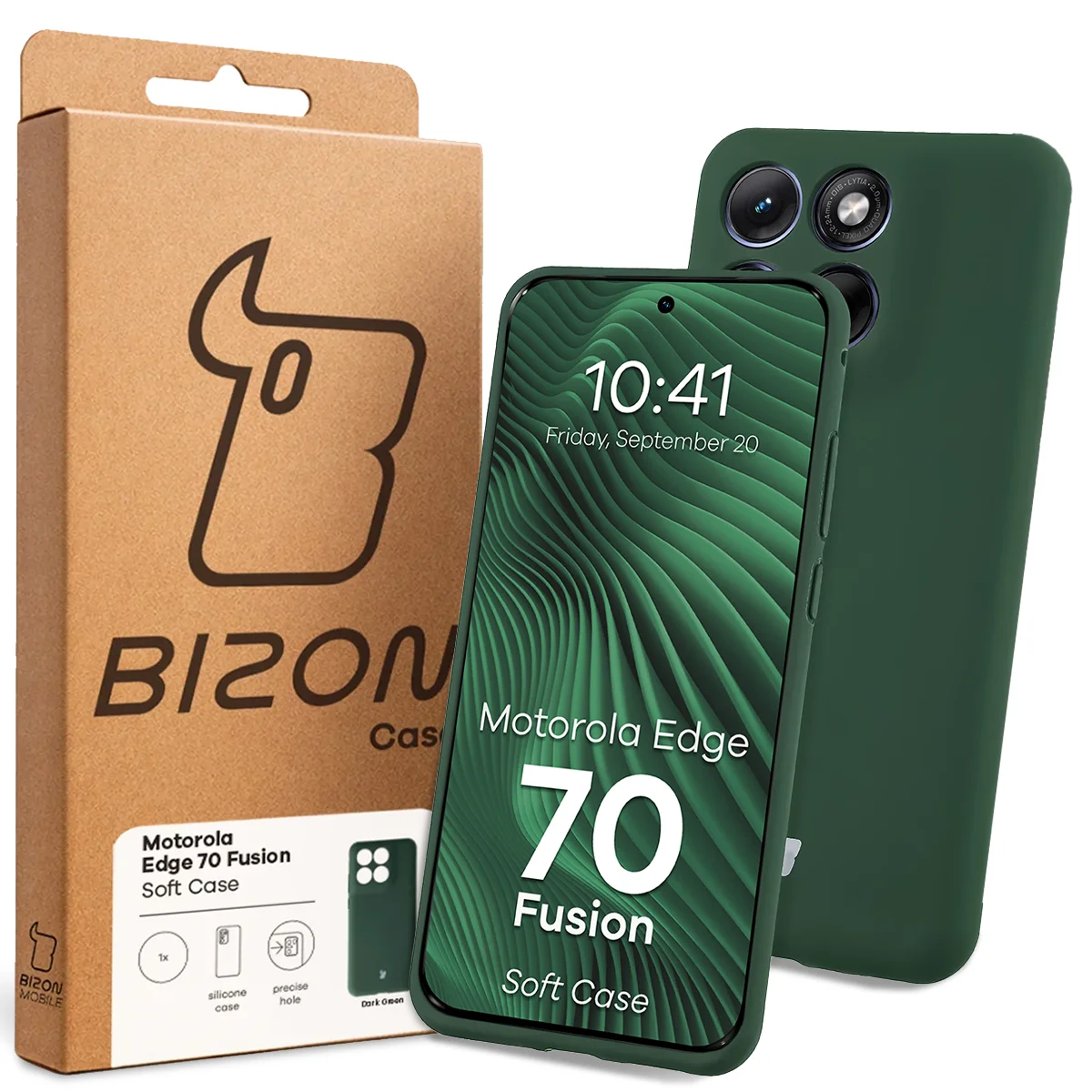 Przód pudełka Bizon Case z dedykowaną etykietą do Motorola Edge 70 Fusion
