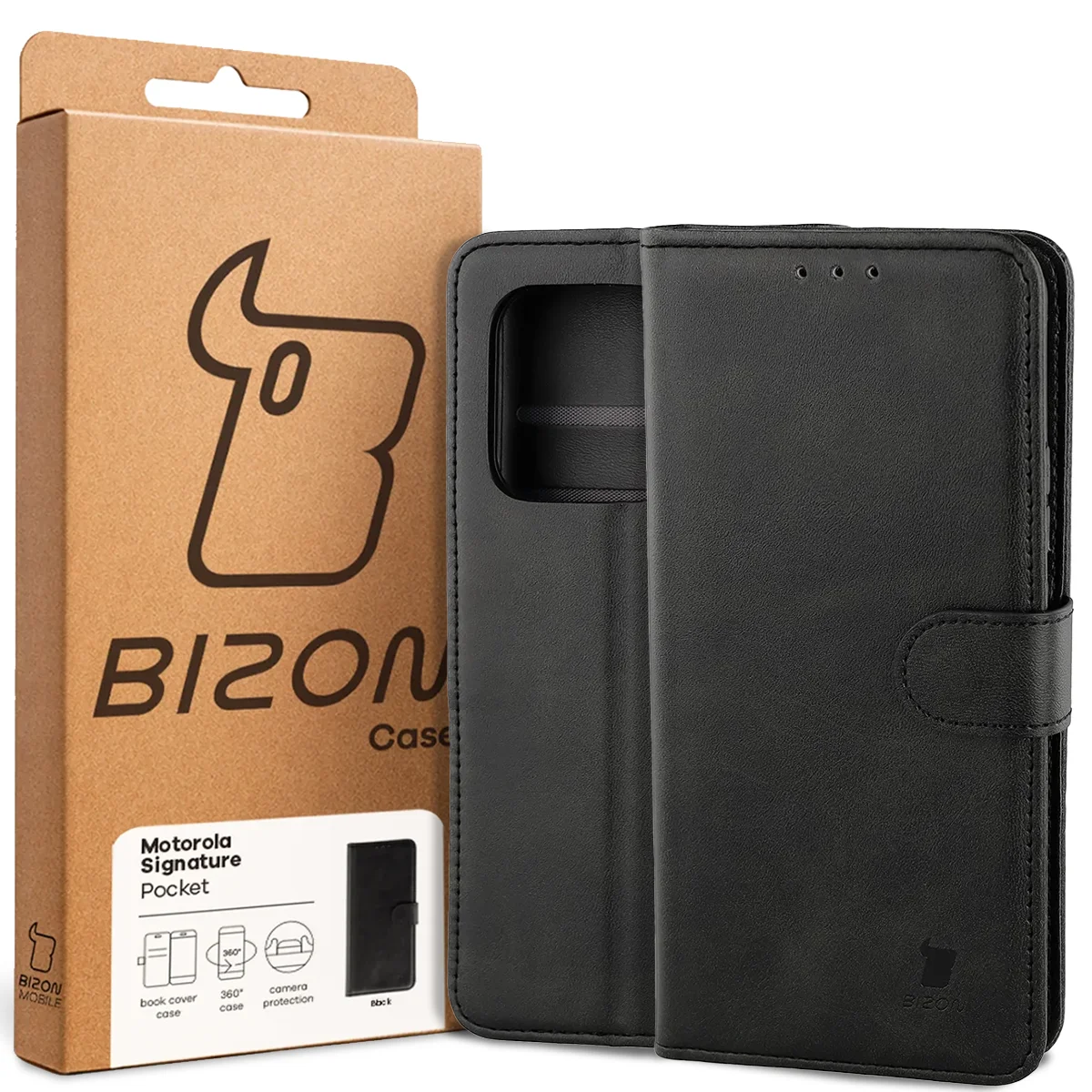 Przód pudełka Bizon Case z dedykowaną etykietą do Motorola Signature