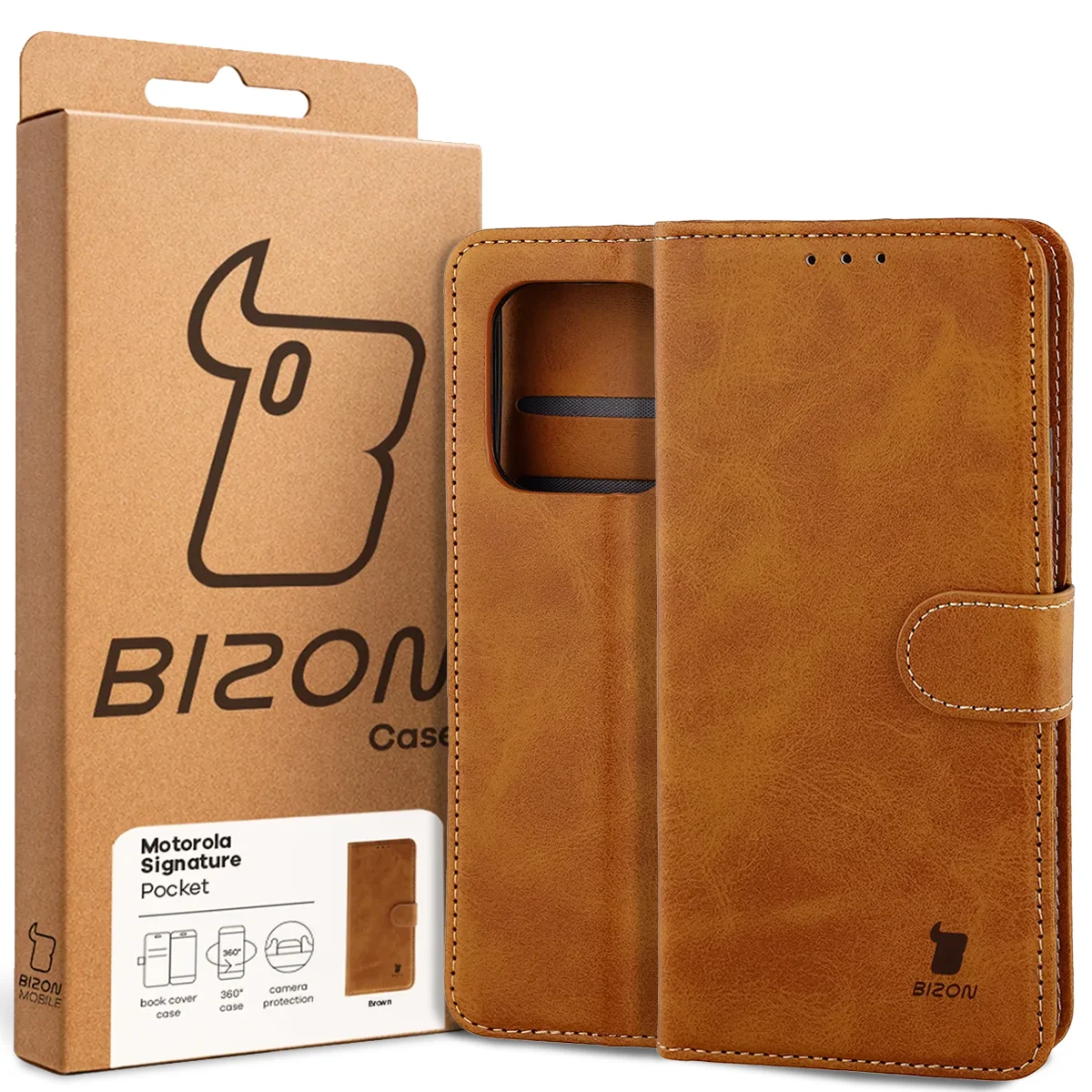 Przód pudełka Bizon Case z dedykowaną etykietą do Motorola Signature