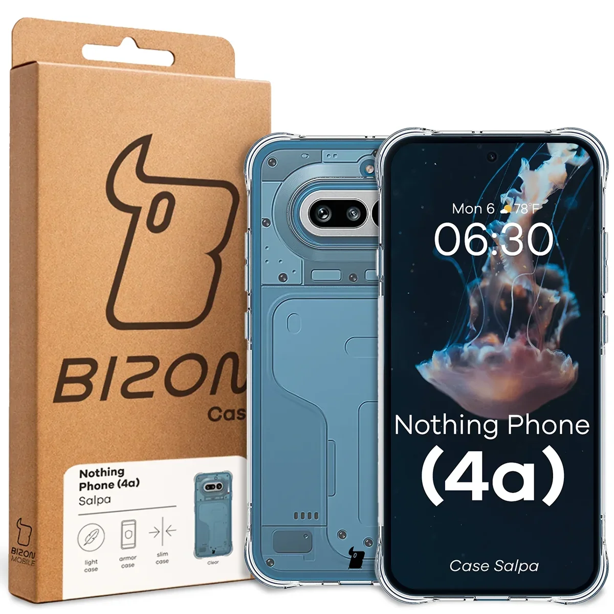 Przód pudełka Bizon Case z dedykowaną etykietą do Nothing Phone (4a)