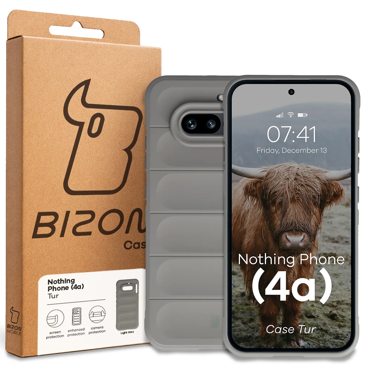 Przód pudełka Bizon Case z dedykowaną etykietą do Nothing Phone (4a)
