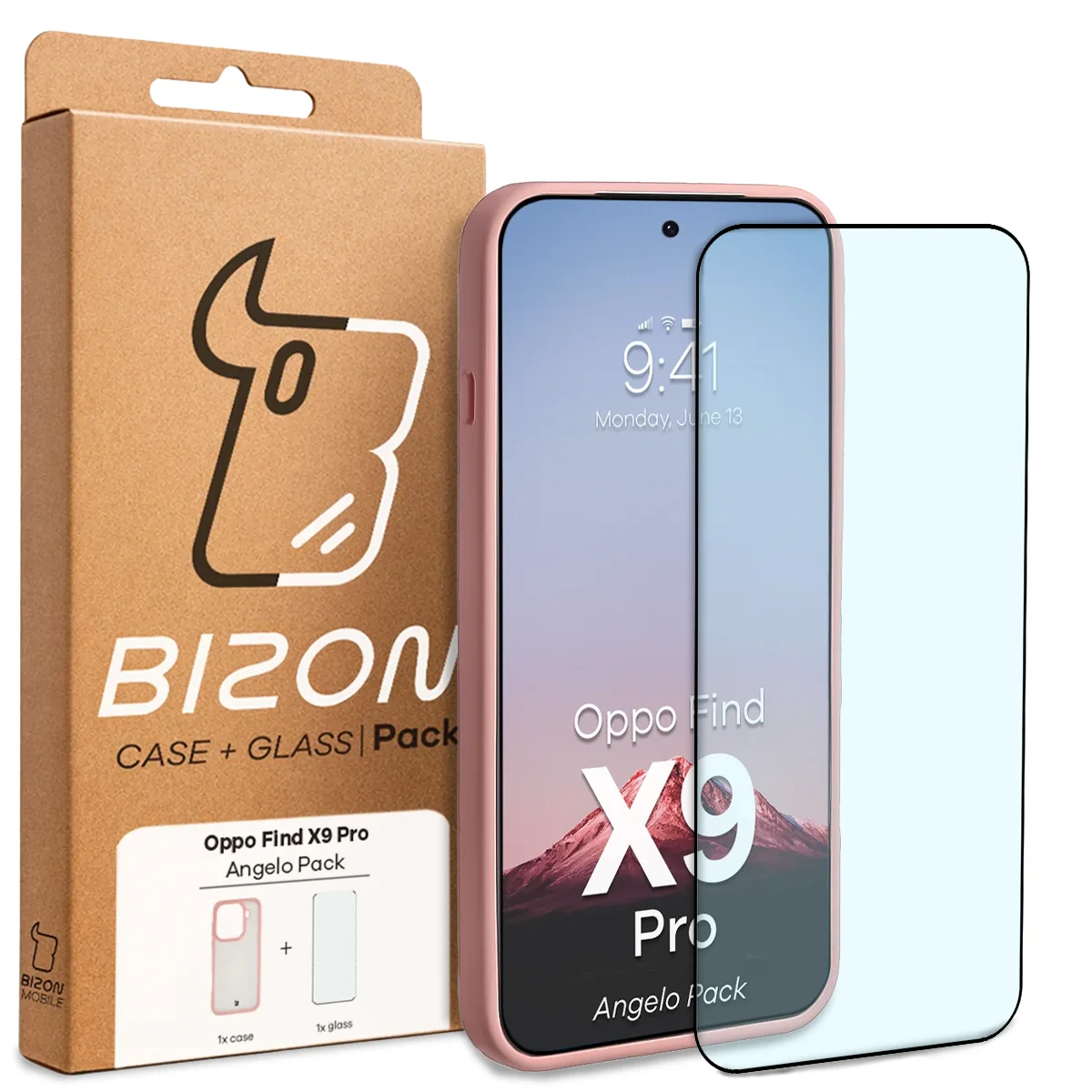 Przód pudełka Bizon Case Angelo Pack z dedykowaną etykietą do Oppo Find X9 Pro