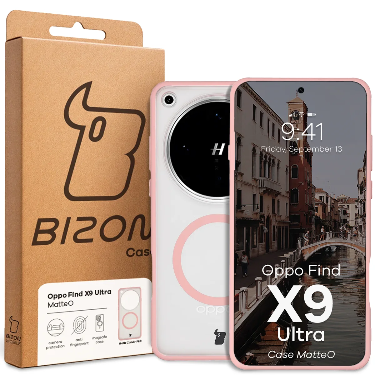 Przód pudełka Bizon Case z dedykowaną etykietą do Oppo Find X9 Ultra