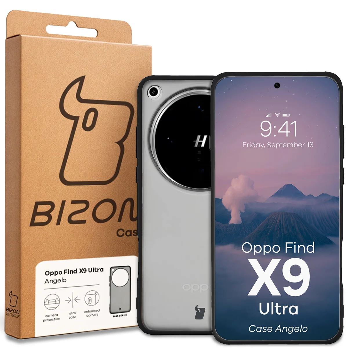 Przód pudełka Bizon Case z dedykowaną etykietą do Oppo Find X9 Ultra