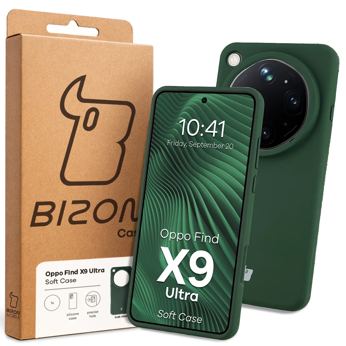 Przód pudełka Bizon Case z dedykowaną etykietą do Oppo Find X9 Ultra