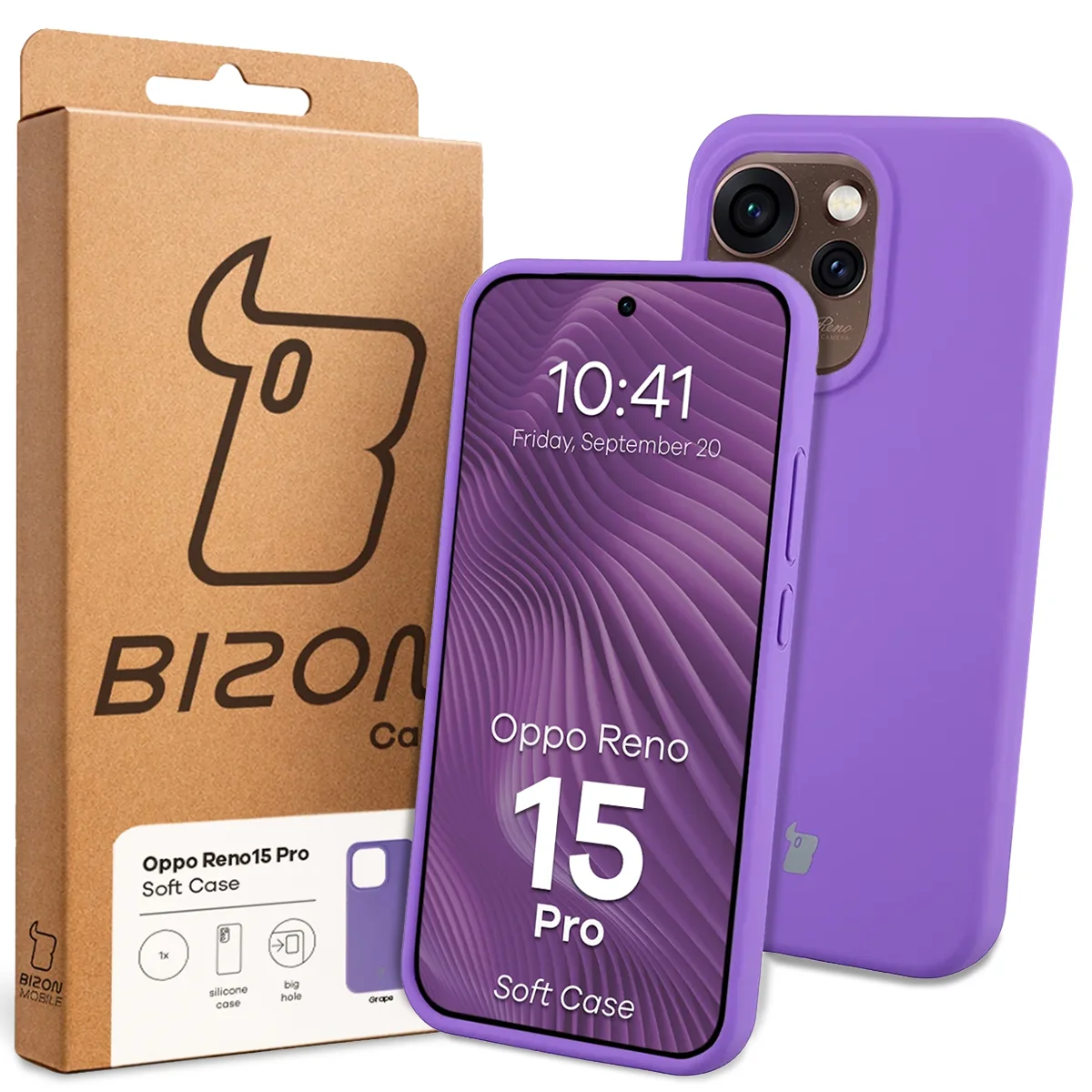 Przód pudełka Bizon Case z dedykowaną etykietą do Oppo Reno 15 Pro