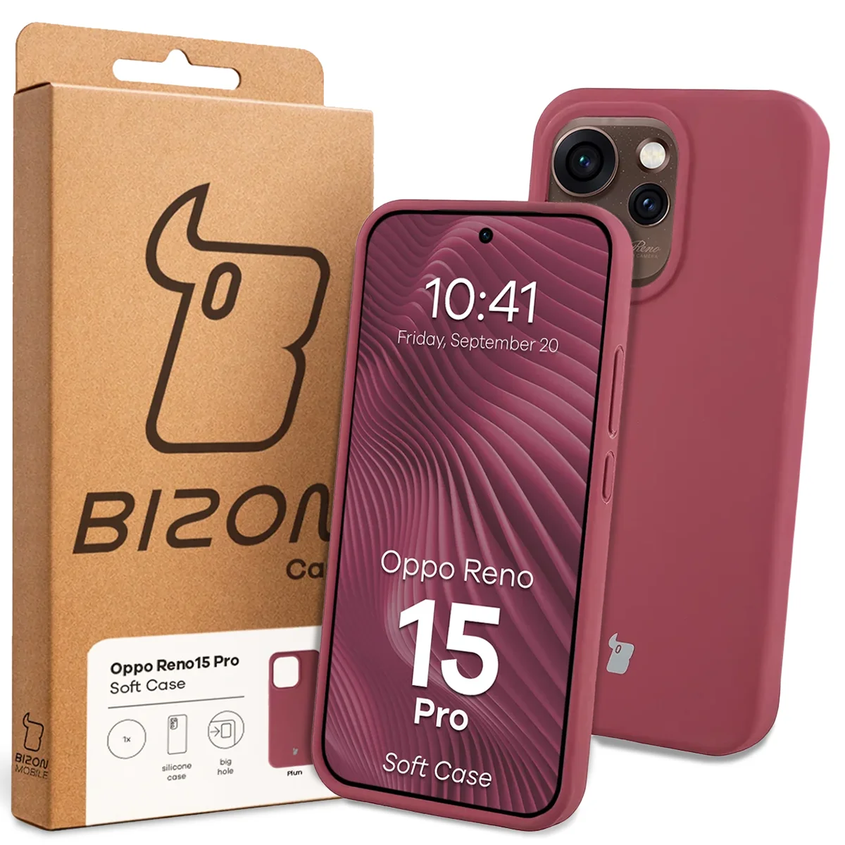 Przód pudełka Bizon Case z dedykowaną etykietą do Oppo Reno 15 Pro