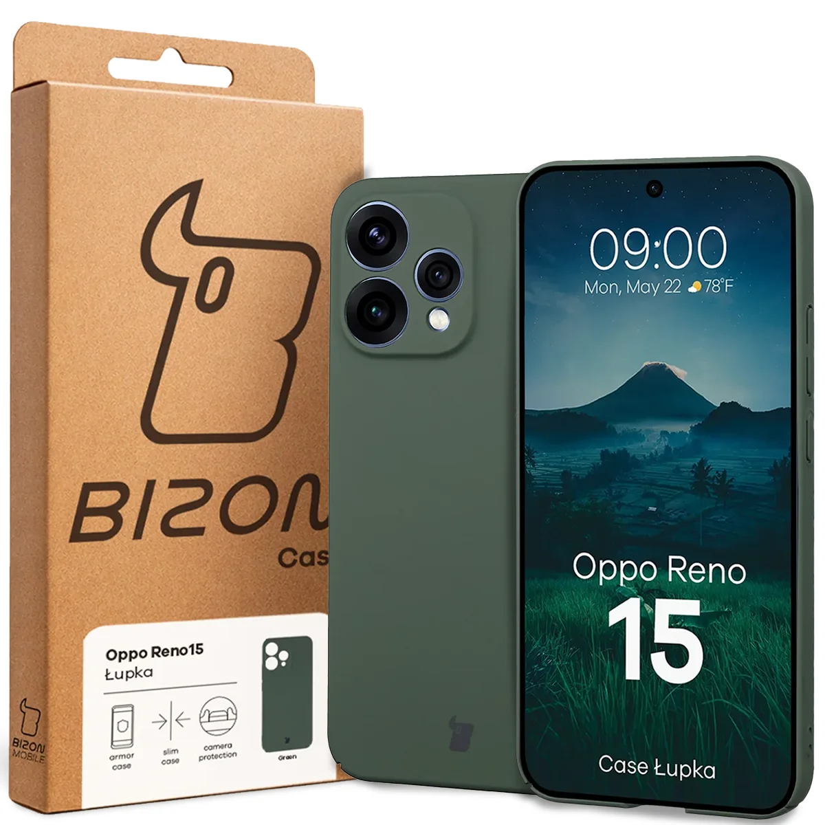 Przód pudełka Bizon Case z dedykowaną etykietą do Oppo Reno 15