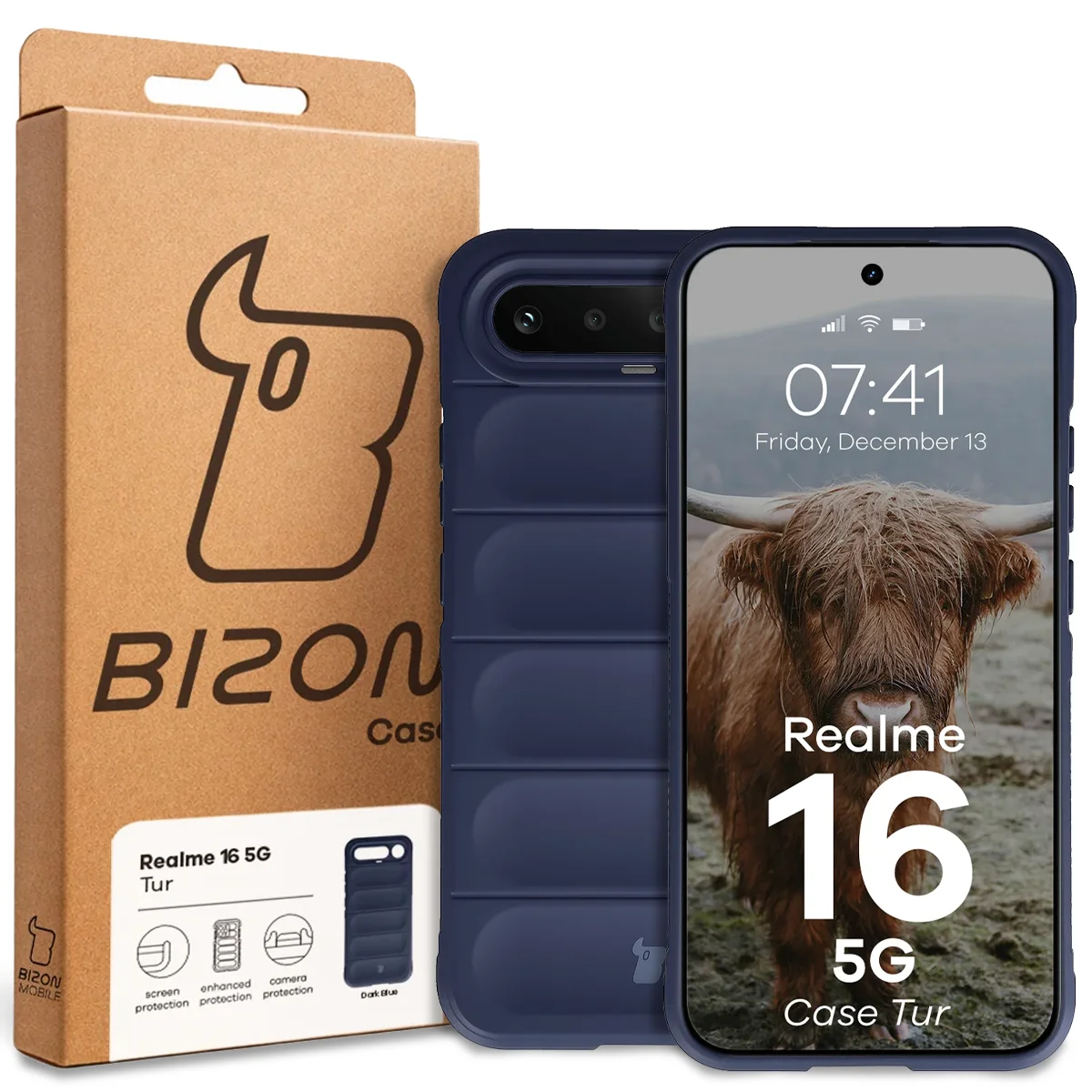 Przód pudełka Bizon Case z dedykowaną etykietą do Realme 16 5G